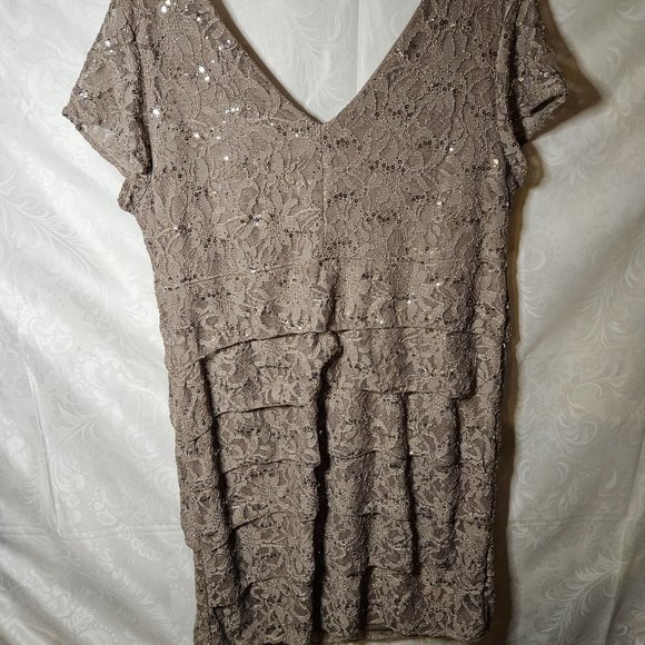 Taupe Sequin Lace Surplice Dress - Plus - Picture 4 of 4